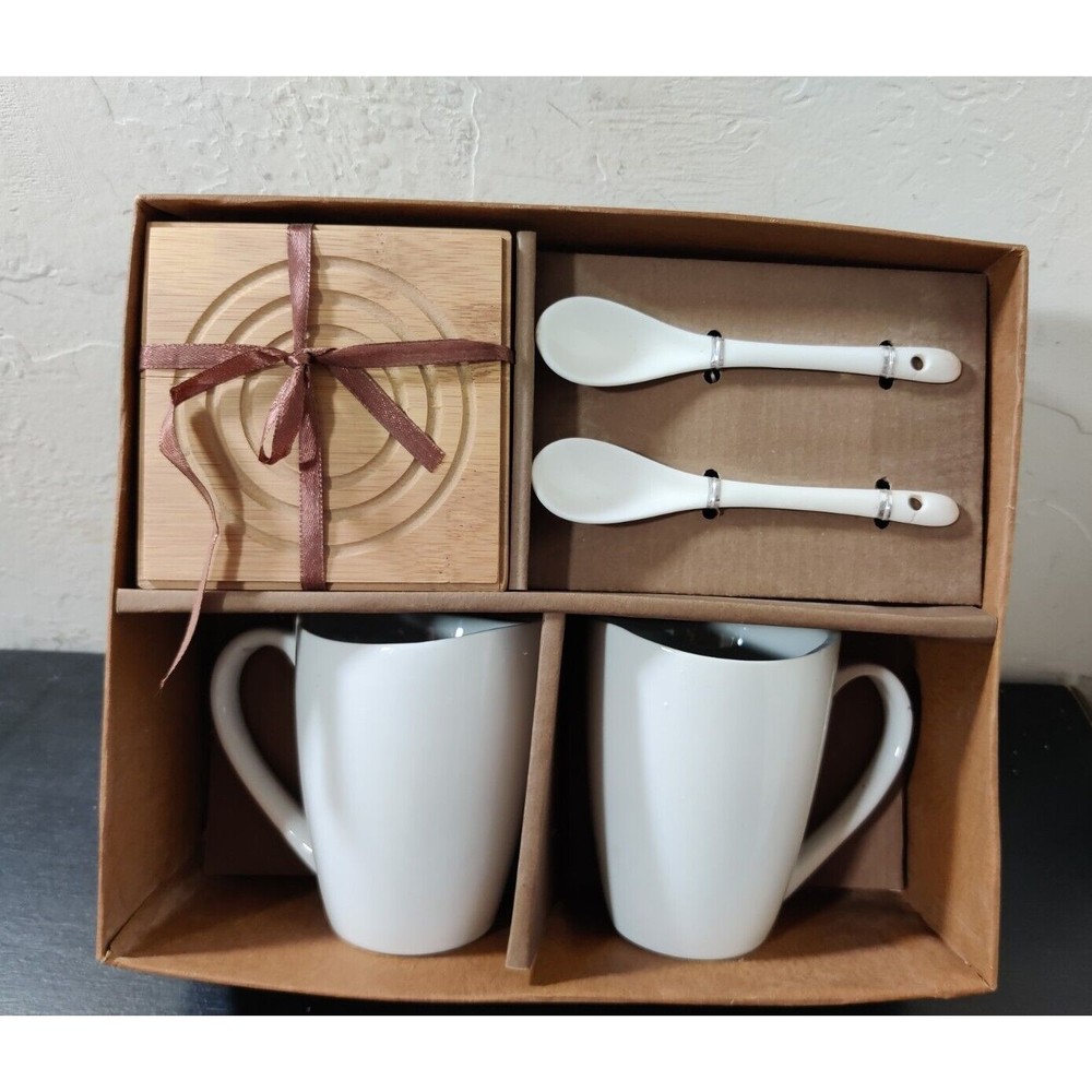 New Barista 6 Piece Coffee Set Includes Two Porcelain Cups, Spoons & Coasters